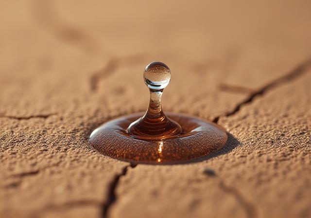 Primo piano artistico di una goccia d'acqua sulla sabbia arida