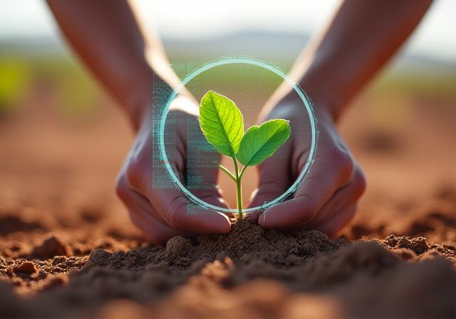 Mani che piantano un germoglio nel deserto con interfaccia di monitoraggio digitale